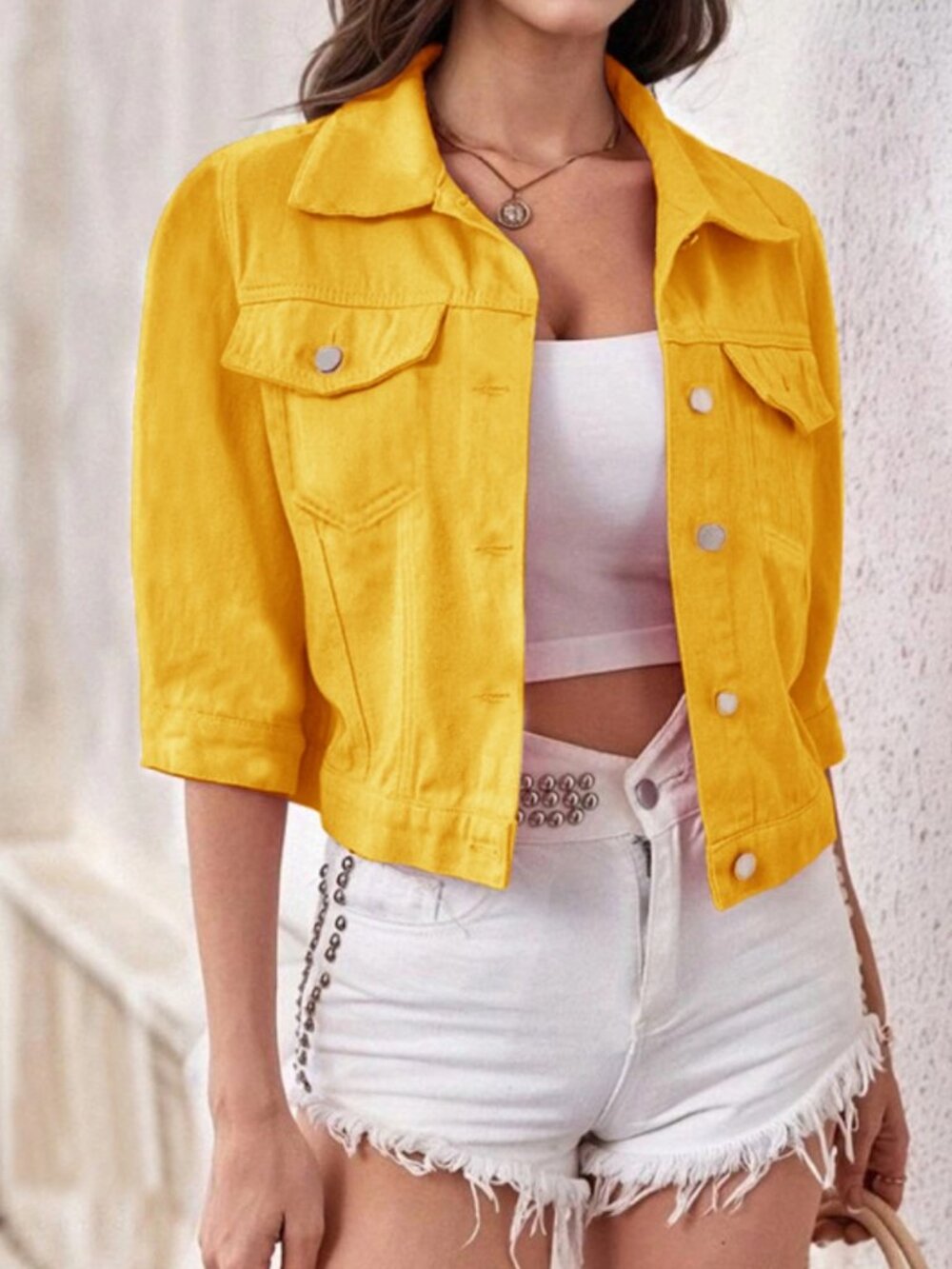 Yellow Full Size Cropped Denim Jacket Plus Size
